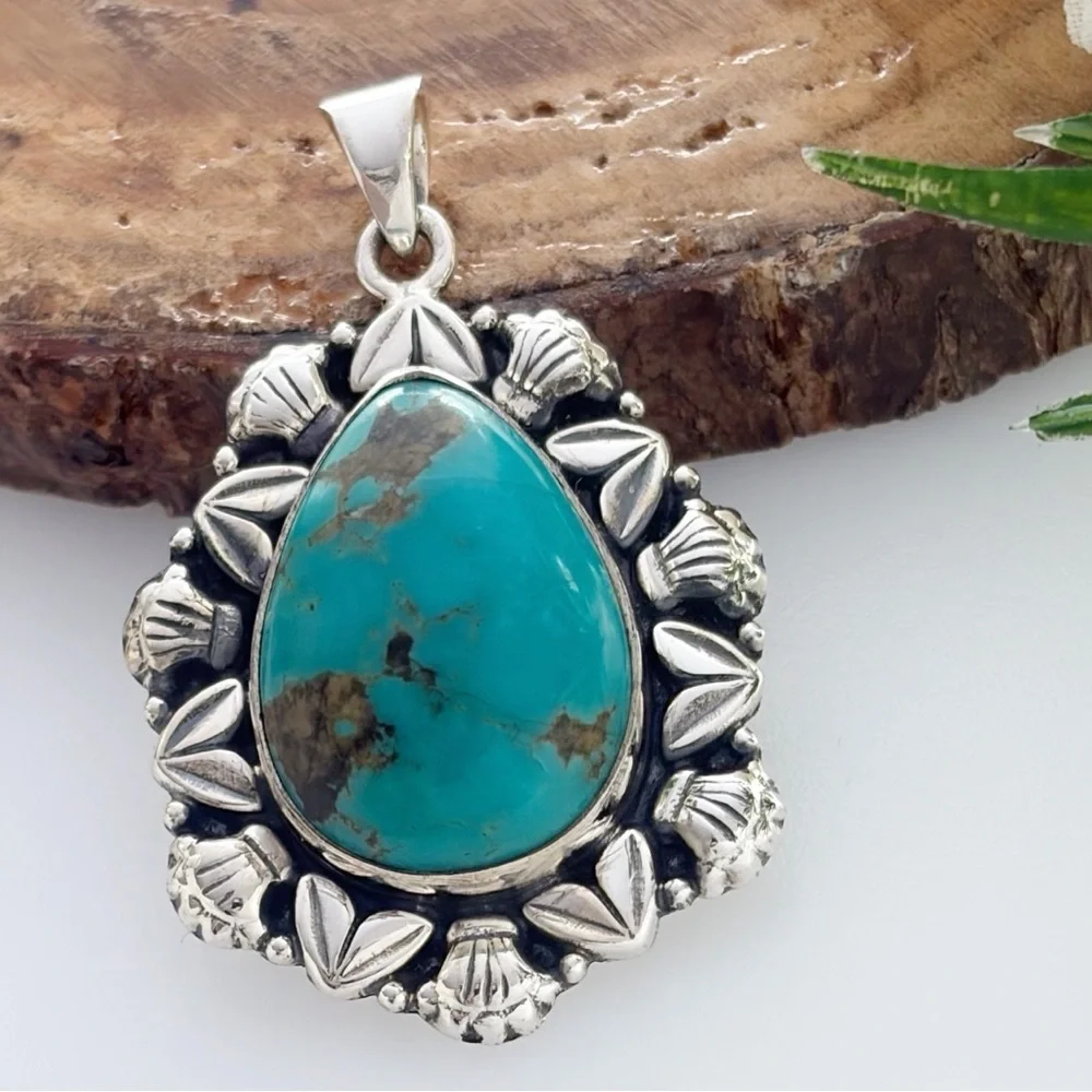 Pure Sterling Silver 925 Genuine Turquoise Pendant Southwest Navajo Style New